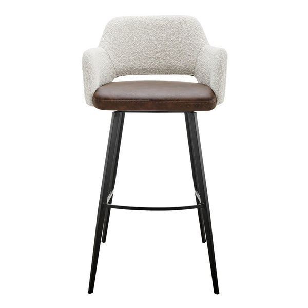 Eurostyle Desi Swivel Bar Stool - Distressed Leatherette & Fabric Seat, Matte Black Steel Legs - Modern Design Ivory,Dark Brown Leatherette And Fabric Over Foam 30582-ivry