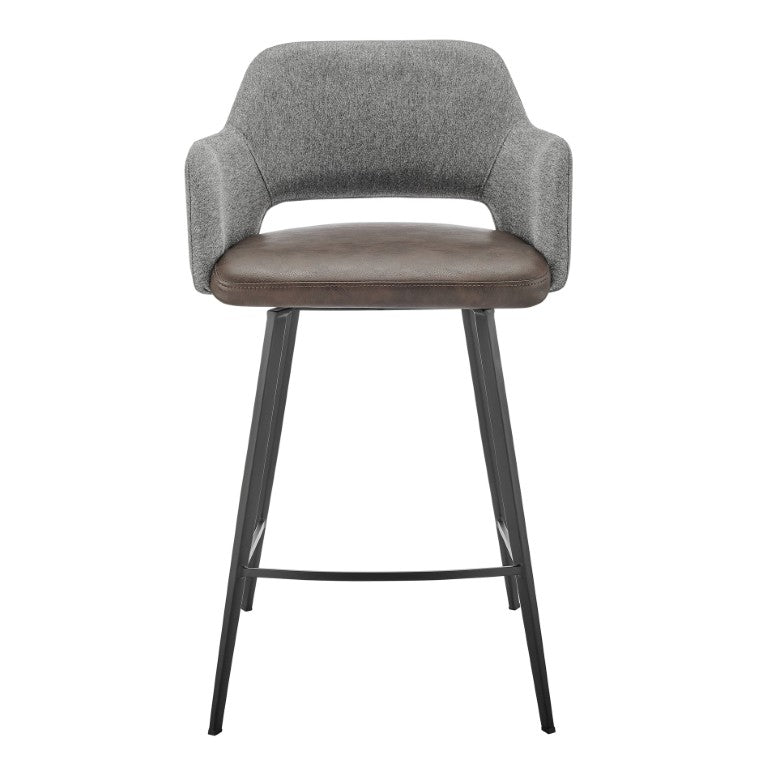 EuroStyle Desi Swivel Counter Stool Two-Tone Leatherette Fabric Seat Matte Black Steel Base Gray/Dark Brown 30584-LTBRN