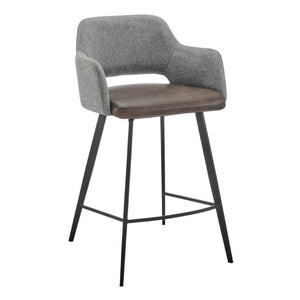 EuroStyle Desi Swivel Counter Stool Two-Tone Leatherette Fabric Seat Matte Black Steel Base Gray/Dark Brown 30584-LTBRN