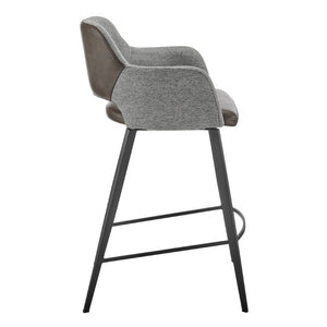 EuroStyle Desi Swivel Counter Stool Two-Tone Leatherette Fabric Seat Matte Black Steel Base Gray/Dark Brown 30584-LTBRN