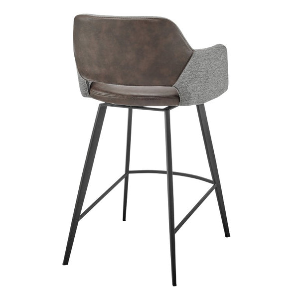 EuroStyle Desi Swivel Counter Stool Two-Tone Leatherette Fabric Seat Matte Black Steel Base Gray/Dark Brown 30584-LTBRN
