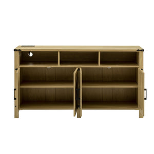 English Elm U_style 59 Inch Sideboard Buffet with Built in Power Outlets Open Cubbies Metal Accents Natural Wood N711P347407O