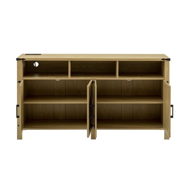 English Elm U_style 59 Inch Sideboard Buffet with Built in Power Outlets Open Cubbies Metal Accents Natural Wood N711P347407O