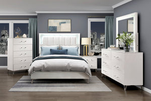 English Elm Glam Queen Bed Chenille Headboard with Led Lighting Faux Marble Chrome Legs B011S02252