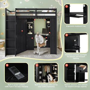English Elm Twin Loft Bed with Wardrobe Desk Charging Station and Spotlights for Small Rooms Black LT000450AAB