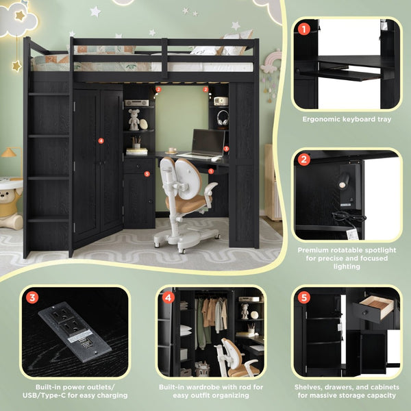 English Elm Twin Loft Bed with Wardrobe Desk Charging Station and Spotlights for Small Rooms Black LT000450AAB