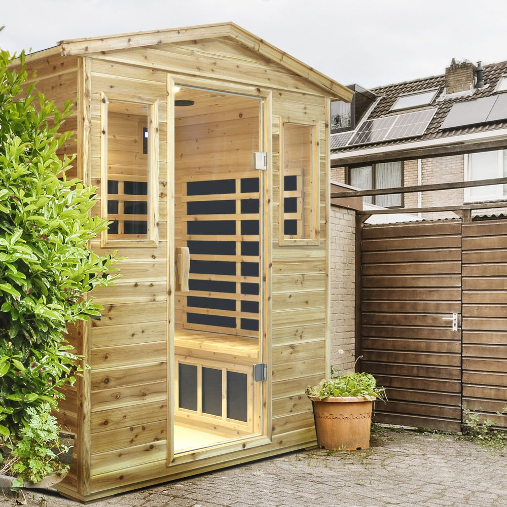 English Elm Four Person Outdoor Infrared Sauna with Solid Fir Wood Bluetooth Audio Low Emf Panels W632S00032