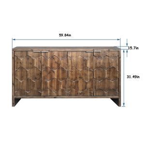 English Elm Accent Farmhouse Sideboard with Fluted Four Door Wood Storage for Dining or Entryway W1435P216113