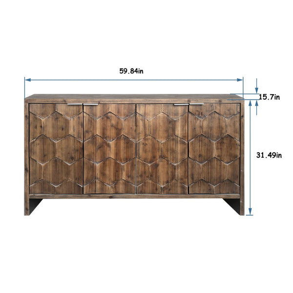 English Elm Accent Farmhouse Sideboard with Fluted Four Door Wood Storage for Dining or Entryway W1435P216113