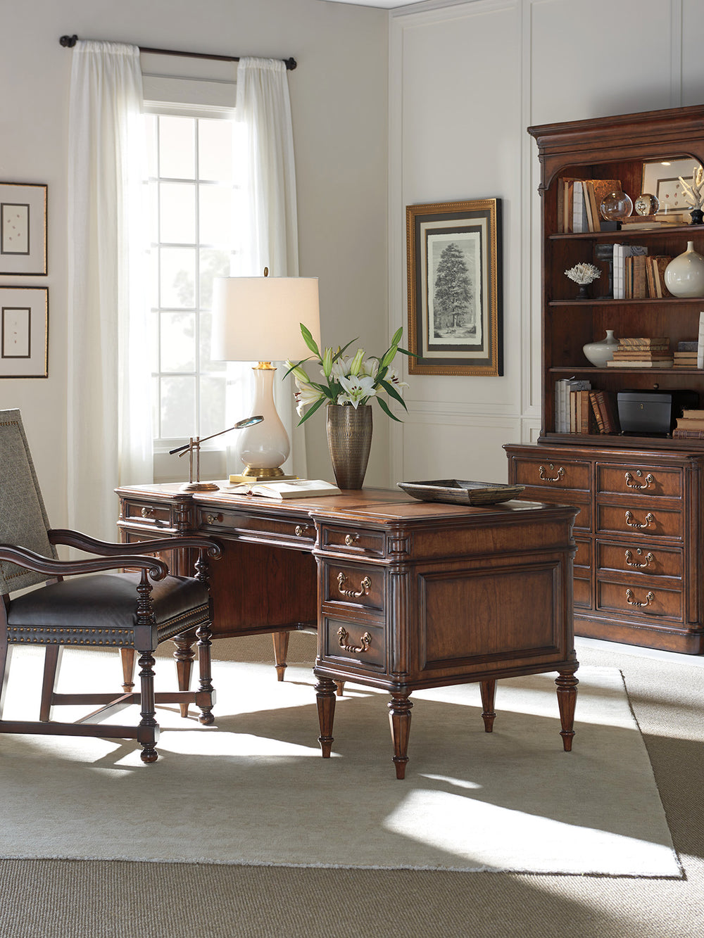 Lexington Sligh Wesley Desk: Elegant Cherry Veneer Design With Faux Leather Surface And Ample Storage For Home Office Vernon Wood 305-402