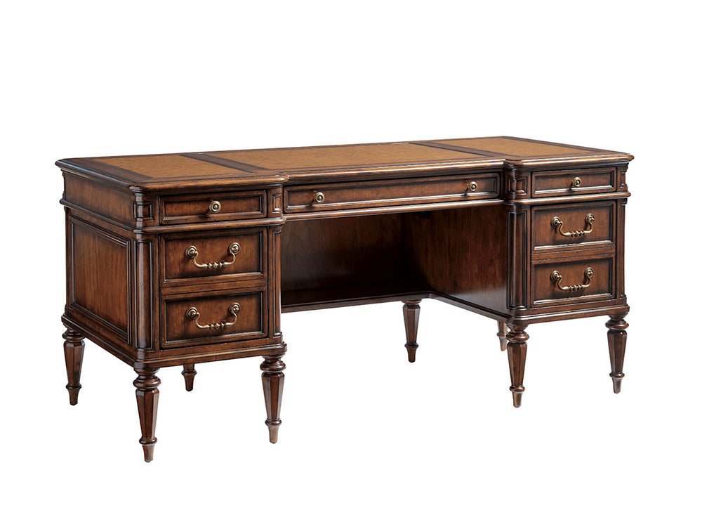 Lexington Sligh Wesley Desk: Elegant Cherry Veneer Design With Faux Leather Surface And Ample Storage For Home Office Vernon Wood 305-402