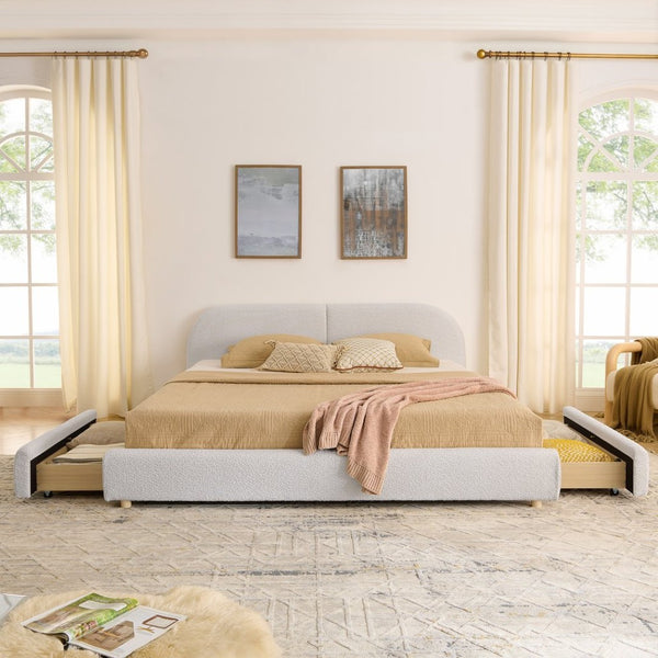 English Elm King Upholstered Storage Bed Curved Headboard Circle Yarn Fabric Modern Minimalist Frame Beige W487S00473