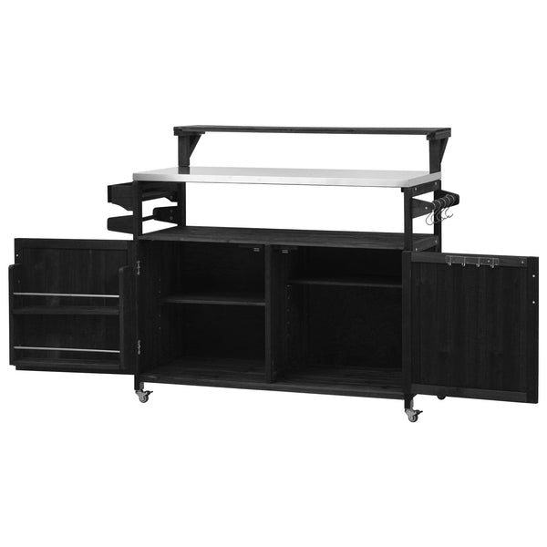 English Elm K&K 53.3" Outdoor Kitchen Island with 1.2" Stainless Top, Spacious Storage, Raised Shelf, Wheels Black N707P250628B