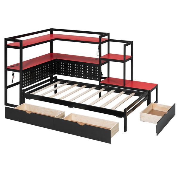 English Elm Twin Gaming Daybed with Led Strips Desk Pegboard Bookcase and Three Storage Drawers Black+Red N820S00083J