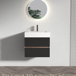 English Elm 24' Mid-Century Wall-Mounted Vanity with Engineered Quartz Basin, Hidden Handle, Extra Storage, Soft-Close Drawers Black+Brown W1865S00170