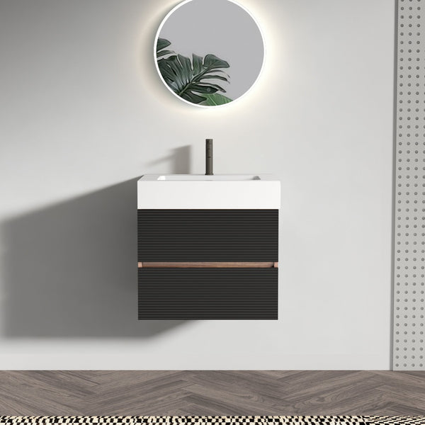 English Elm 24' Mid-Century Wall-Mounted Vanity with Engineered Quartz Basin, Hidden Handle, Extra Storage, Soft-Close Drawers Black+Brown W1865S00170