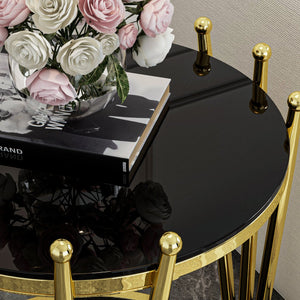 English Elm 19.69inch Gold Round Coffee Table with Crown Frame, 8mm Tempered Glass, Stainless Steel Base, Chic Storage Black W1550P171469