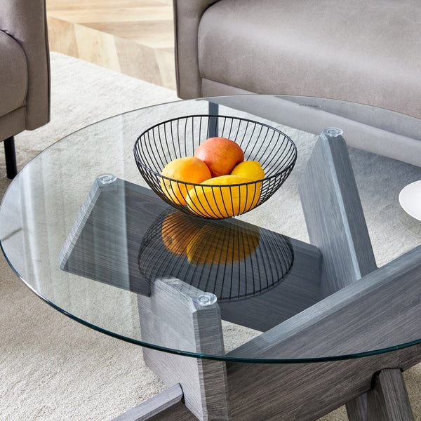 English Elm Round Tempered Glass Coffee Table with Sculptural Mdf Base for Modern Living Rooms Gray W1151P180317