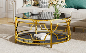 English Elm Round Tempered Glass Coffee Table with Gold Geometric Metal Base and Open Storage Shelf Black N735P396530B