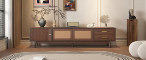 English Elm Mid Century Modern TV Stand with Rattan Sliding Doors, Solid Wood Legs, Drawers & Waterproof Top N710P257617P