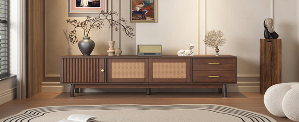 English Elm Mid Century Modern TV Stand with Rattan Sliding Doors, Solid Wood Legs, Drawers & Waterproof Top N710P257617P