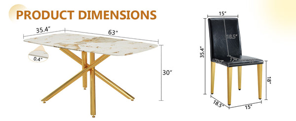 English Elm Table and Chair Set 5 Piece Round Tempered Glass Top Gold Metal Base Dining Room Black,White+Gold W1151S04776