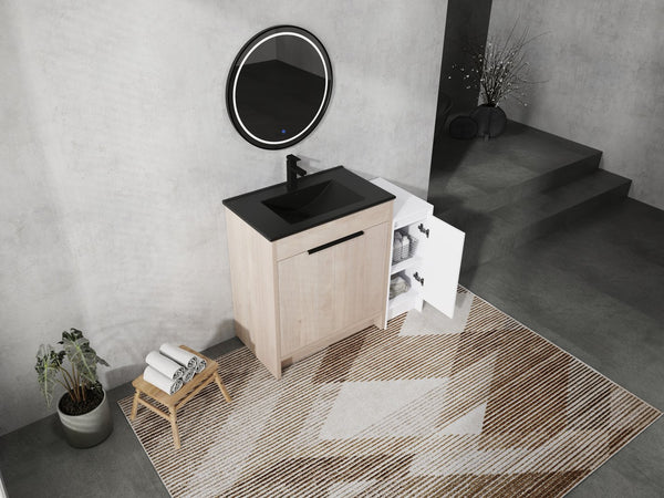 English Elm 42 Inch Freestanding Bathroom Vanity With Black Ceramic Sink & Ample Storage, Soft-Close Doors W999S00305