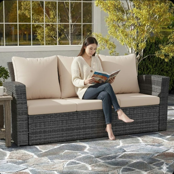 English Elm 67.7" Outdoor Wicker Three Seat Sofa High Back Pe Frame Patio Lounge Furniture Beige B082P455183