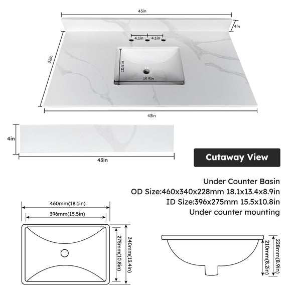 English Elm 43-inch Carrara Quartz Vanity Top Undermount Sink Backsplash Stain Resistant Bath W2699P459408
