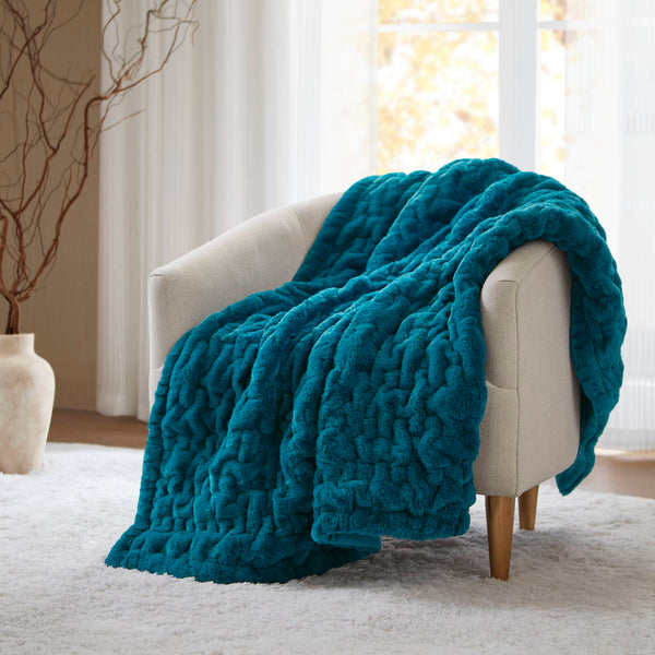 JLA Home Madison Park - Throw Luxurious Ruched Faux Fur Throw with Plush Faux Mink Reverse, Machine Washable, OEKO‑TEX Certified Teal MP50-3093