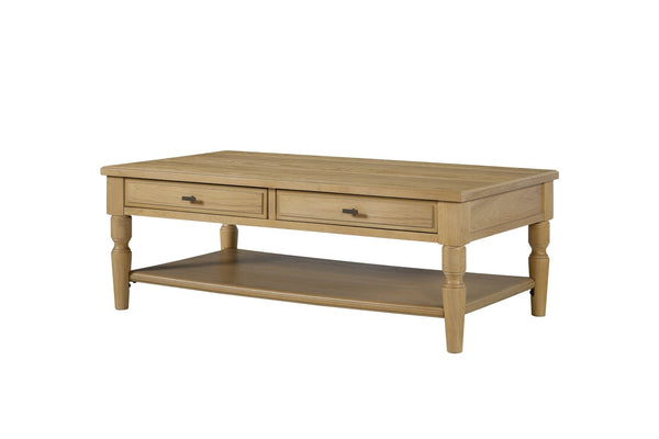 English Elm Drawer Cocktail Table Hickory Veneer Wood with Turned Legs Open Shelf Living Room Tan B2699P443216