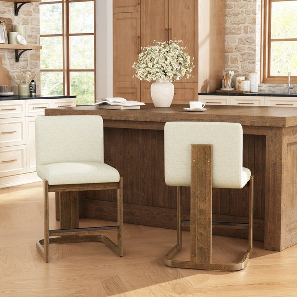 English Elm Modern Linen Upholstered Counter Stools Set of 2 with Rubberwood Legs for Kitchen Island Beige,Walnut N762P395711D