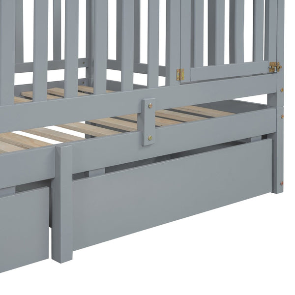 English Elm Twin Pinewood Daybed with Fence Guardrails Splits Into Two Floor Beds Storage Gray LP100881AAE