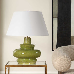 Uttermost Penny Porcelain Table Lamp Moss Green Glaze with Brass Accents and Linen Shade