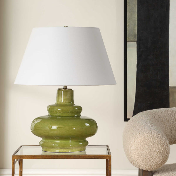 Uttermost Penny Porcelain Table Lamp Moss Green Glaze with Brass Accents and Linen Shade
