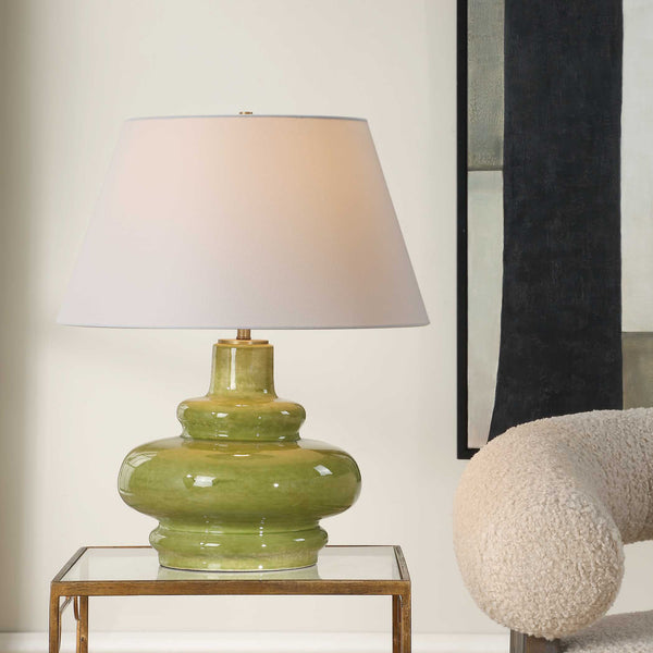 Uttermost Penny Porcelain Table Lamp Moss Green Glaze with Brass Accents and Linen Shade