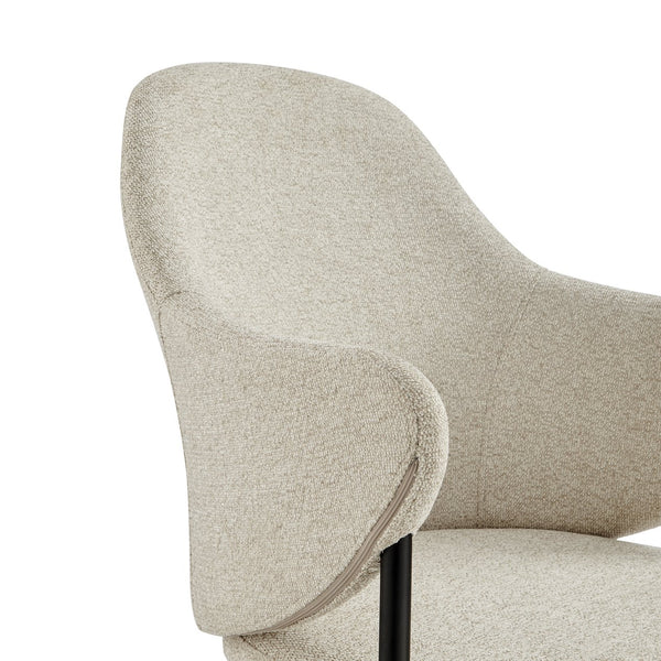 Mette Elegant Beige Fabric Armchair with Unique Three-Legged Design for Stylish Comfort