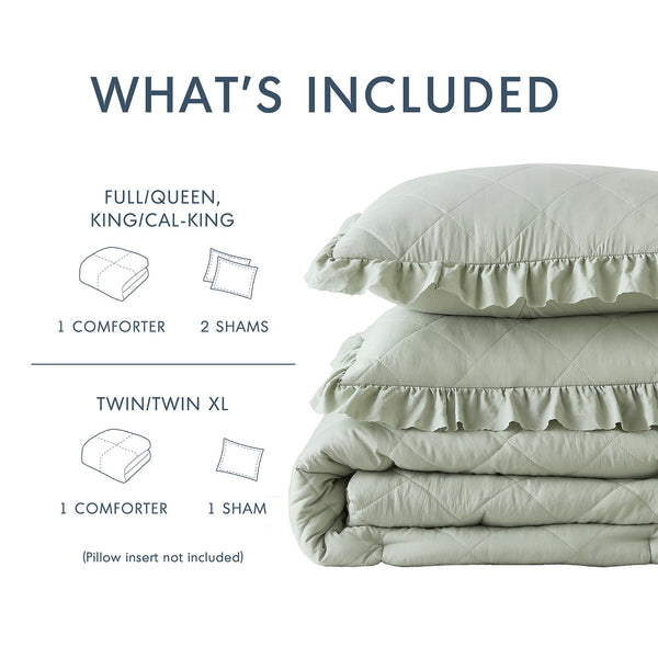 JLA Home Comfort Spaces - Diamond Quilted Comforter Set with Ruffled Edge, Oeko-Tex Certified Midweight Luxury for Year-Round Comfort Sage AM10-0197