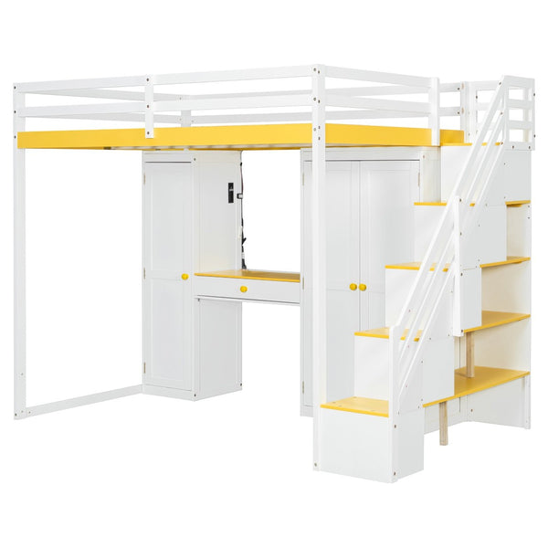 English Elm Full Size Teen Loft Bed with Staircase Shelves Wardrobe Vanity and Led Lighting LT000276AAL