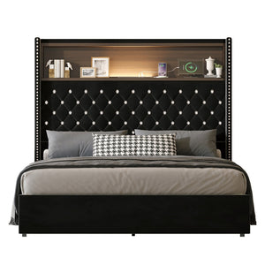 English Elm Full Velvet Wingback Platform Bed Tufted Headboard Shelf Usb Port Rivet Trim N733P368653B