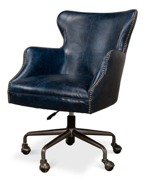 Sarreid Andrew Jackson Desk Chair In Elegant Chateau Blue - Luxurious Cowhide Leather & Sturdy Metal Frame Blue  30613