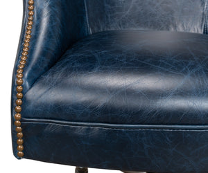 Sarreid Andrew Jackson Desk Chair In Elegant Chateau Blue - Luxurious Cowhide Leather & Sturdy Metal Frame Blue  30613