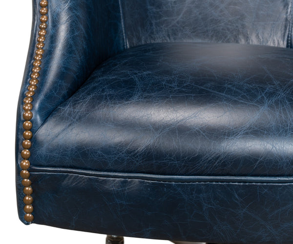 Sarreid Andrew Jackson Desk Chair In Elegant Chateau Blue - Luxurious Cowhide Leather & Sturdy Metal Frame Blue  30613