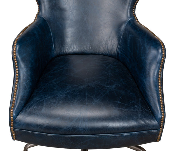 Sarreid Andrew Jackson Desk Chair In Elegant Chateau Blue - Luxurious Cowhide Leather & Sturdy Metal Frame Blue  30613