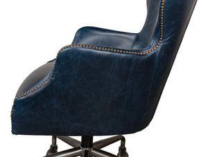Sarreid Andrew Jackson Desk Chair In Elegant Chateau Blue - Luxurious Cowhide Leather & Sturdy Metal Frame Blue  30613