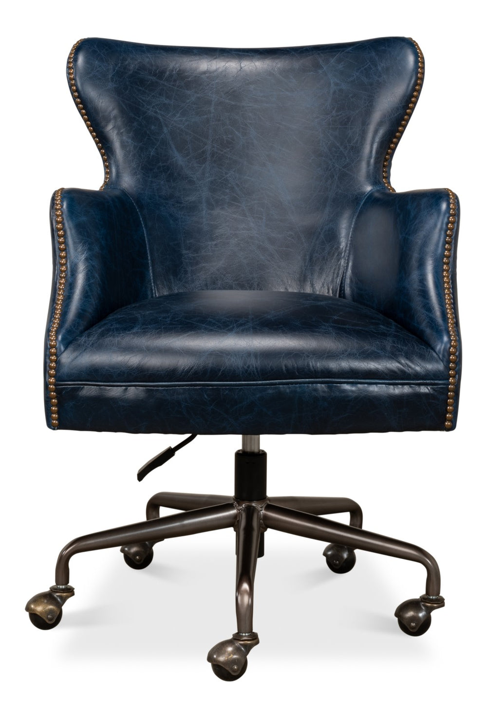 Sarreid Andrew Jackson Desk Chair In Elegant Chateau Blue - Luxurious Cowhide Leather & Sturdy Metal Frame Blue  30613