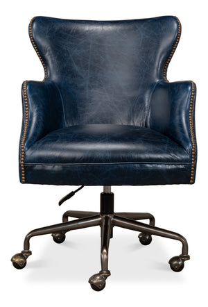 Sarreid Andrew Jackson Desk Chair In Elegant Chateau Blue - Luxurious Cowhide Leather & Sturdy Metal Frame Blue  30613