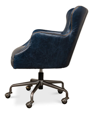 Sarreid Andrew Jackson Desk Chair In Elegant Chateau Blue - Luxurious Cowhide Leather & Sturdy Metal Frame Blue  30613