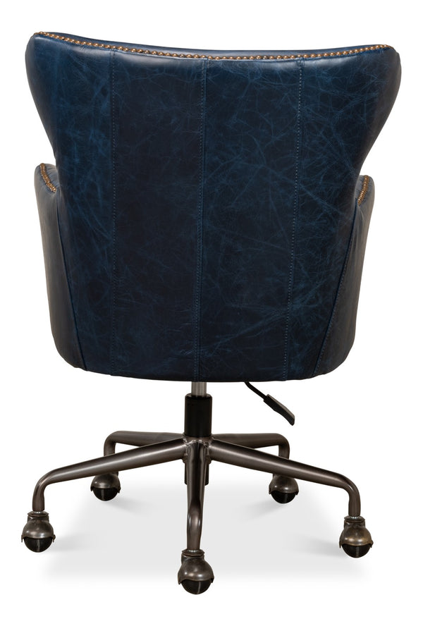 Sarreid Andrew Jackson Desk Chair In Elegant Chateau Blue - Luxurious Cowhide Leather & Sturdy Metal Frame Blue  30613