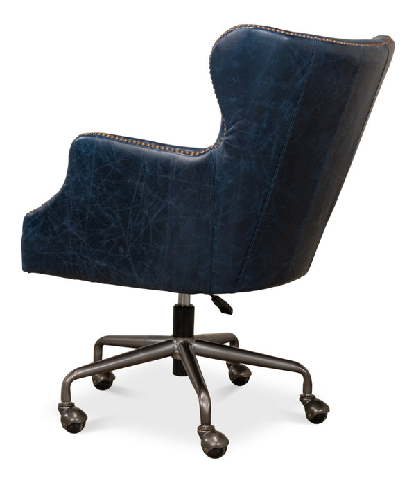 Sarreid Andrew Jackson Desk Chair In Elegant Chateau Blue - Luxurious Cowhide Leather & Sturdy Metal Frame Blue  30613